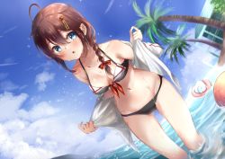 1girl abyssal_ship adapted_costume ahoge bikini blue_eyes blue_sky braid breasts brown_hair cloud commentary_request cowboy_shot day dutch_angle enemy_lifebuoy_(kancolle) hair_flaps hair_over_shoulder jacket kantai_collection long_hair mashiro_aa navel outdoors palm_tree shigure_(kancolle) single_braid sky small_breasts soaking_feet solo swimsuit tree wading water white_jacket