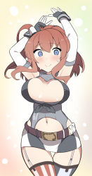 Rule 34 | 1girl, american flag legwear, arms up, asymmetrical legwear, belt, blue eyes, breasts, brown hair, cosplay, elbow gloves, garter straps, gloves, iowa (kancolle), iowa (kancolle) (cosplay), kantai collection, large breasts, long hair, mismatched legwear, navel, nervous smile, ponytail, saratoga (kancolle), shiyoo, side ponytail, skirt, smile, smokestack, smokestack hair ornament, solo, sweat, thighhighs, wavy mouth