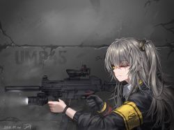 Rule 34 | 1girl, absurdres, aiming, arm ribbon, armband, baek hyang, bird, character name, collared shirt, dated, floating hair, from side, girls&#039; frontline, gloves, grey hair, gun, h&amp;k ump, hair between eyes, hair ornament, headgear, heckler &amp; koch, highres, holding, holding gun, holding weapon, hood, hood down, hooded jacket, jacket, light, long hair, looking afar, mod3 (girls&#039; frontline), necktie, one side up, open clothes, open jacket, open mouth, outdoors, parted lips, prosthesis, prosthetic arm, ribbon, shirt, signature, submachine gun, ump45 (girls&#039; frontline), ump45 (mod3) (girls&#039; frontline), weapon, white shirt, yellow eyes, yellow neckwear