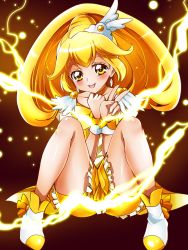 Rule 34 | 10s, 1girl, absurdres, bad id, bad pixiv id, bike shorts, bike shorts under skirt, blonde hair, blush, bow, brown background, choker, cure peace, earrings, electricity, full body, gradient background, hair flaps, highres, jewelry, kise yayoi, long hair, magical girl, precure, sharumon, shoes, shorts, shorts under skirt, sitting, skirt, smile, smile precure!, solo, v, white footwear, yellow bow, yellow eyes, yellow shorts, yellow skirt