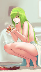 Rule 34 | 1girl, barefoot, bed, blanket, blurry, blurry background, c.c., cheese trail, code geass, commentary request, depth of field, eating, expressionless, food, full body, green hair, highres, holding, holding food, indoors, long hair, looking at viewer, nude, pizza, pizza box, pizza slice, revision, sawasa, signature, solo, squatting, straight hair, very long hair, yellow eyes
