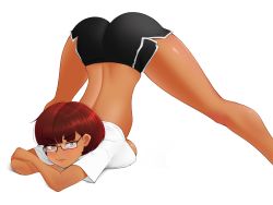 Rule 34 | 1girl, bad tag, angry, ass, black shorts, blush, breasts, brown eyes, crossed arms, dark-skinned female, dark skin, eyebrows, facing viewer, fraankyy, glasses, highres, huge ass, jack-o&#039; challenge, large breasts, looking at viewer, medium breasts, mole, mole under mouth, original, red hair, shirt, short hair, short shorts, shorts, shy, simple background, solo, spread legs, thick eyebrows, thick thighs, thighs, top-down bottom-up, underboob, white background, white shirt