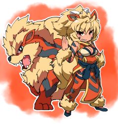 Rule 34 | 1girl, animal ears, arcanine, bare shoulders, blue footwear, breasts, brown eyes, cleavage, cleavage cutout, clothing cutout, creatures (company), dog ears, dog tail, dress, fukurou (owl222), fur trim, game freak, gen 1 pokemon, grin, highres, large breasts, nintendo, pelvic curtain, personification, pokemon, pokemon (creature), ponytail, red background, red dress, red eyes, red thighhighs, sash, sharp teeth, shoes, short hair, smile, solo, standing, tail, tattoo, teeth, thighhighs, v-shaped eyebrows