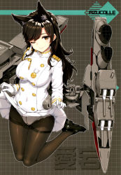 Rule 34 | 1girl, ;&lt;, animal ears, atago (azur lane), azur lane, black footwear, black hair, black pantyhose, blush, breasts, brown eyes, buttons, character name, closed mouth, clothes lift, gloves, gold buttons, gusset, highres, large breasts, lifting own clothes, long hair, looking at viewer, machinery, medal, military, military uniform, miniskirt, mole, mole under eye, naval uniform, one eye closed, panties, panties under pantyhose, pantyhose, pleated skirt, ribbon, sarong, sarong lift, skirt, skirt lift, solo, swept bangs, takayaki, underwear, uniform, white gloves, white panties, white ribbon