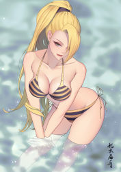 Rule 34 | 1girl, absurdres, beach, bikini, blonde hair, breasts, cleavage, green eyes, hair over one eye, highres, large breasts, leaning forward, licking lips, long hair, looking at viewer, medium breasts, naruto, naruto (series), naruto shippuuden, naughty face, ocean, outdoors, partially submerged, ponytail, side-tie bikini bottom, solo, string bikini, striped bikini, striped clothes, swimsuit, tongue, tongue out, water, xiumu bianzhou, yamanaka ino