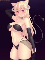 Rule 34 | 1girl, animal ear fluff, animal ears, bare shoulders, blonde hair, blush, breasts, bridal gauntlets, cat ears, cleavage, demon girl, demon tail, gloves, highres, horns, large breasts, long hair, looking at viewer, nottytiffy, original, panties, red eyes, slit pupils, smile, solo, tail, thighhighs, tiffy (nottytiffy), underwear