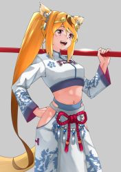 Rule 34 | absurdres, animal ears, blue pants, blue shirt, bow, brown hair, circlet, commentary request, cowboy shot, crop top, golden snub-nosed monkey (kemono friends), high collar, highres, kemono friends, kemono friends 3, long hair, long sleeves, midriff, monkey ears, monkey girl, monkey tail, multicolored hair, navel, official alternate costume, orange hair, pants, polearm, ponytail, red bow, red eyes, rope, shirt, solo, tail, tanabe (fueisei), two-tone pants, two-tone shirt, weapon, white pants, white shirt