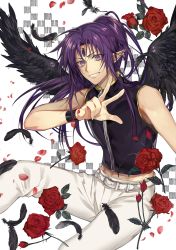 Rule 34 | 1boy, access time, belt, black feathers, black wings, feathers, flower, forehead jewel, highres, kamikaze kaitou jeanne, long hair, looking at viewer, male focus, open mouth, pants, petals, pointy ears, ponytail, purple eyes, purple hair, rose, simple background, solo, tcb, teeth, white pants, wings, wristband