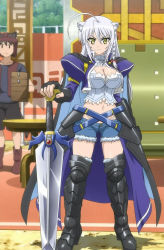 Rule 34 | 10s, 1boy, 1girl, ahoge, animal ears, armor, boots, braid, breasts, brown hair, cat ears, cat tail, cleavage, cutoffs, denim, denim shorts, dog days, fingerless gloves, gloves, grey hair, highres, large breasts, leonmitchelli galette des rois, lion ears, liongirl, long hair, midriff, navel, panties, screencap, shorts, stitched, sword, tail, third-party edit, thong, underwear, weapon, white hair, yellow eyes