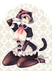 Rule 34 | 1girl, animal ears, apron, black hair, breasts, cat ears, cat tail, cleavage, curvy, cyclops, gloves, gradient hair, hair ribbon, highres, large breasts, maid, maid apron, multicolored hair, nekonoki, one-eyed, open mouth, original, pantyhose, ribbon, shoes, short hair, sitting, solo, tail, tongue, white hair, wide hips, yellow eyes