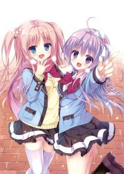 Rule 34 | 2girls, absurdres, ahoge, black legwear, black skirt, blue eyes, braid, covering own mouth, floating hair, hand over own mouth, highres, holding hands, index finger raised, interlocked fingers, kizuki erika, leg up, long hair, looking at viewer, multiple girls, open mouth, outdoors, pink hair, pink scarf, pleated skirt, purple hair, ribbon, scarf, skirt, thighhighs, two side up, white legwear, white ribbon, zettai ryouiki