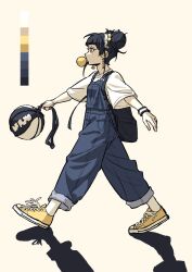 Rule 34 | 1girl, backpack, bag, ball, black hair, blue overalls, chewing gum, color guide, double bun, earrings, from side, full body, gaako illust, hair bun, headphones, highres, holding, jewelry, original, overalls, profile, shirt, shoelaces, shoes, short sleeves, simple background, sneakers, solo, standing, walking, white shirt, wristband, yellow footwear