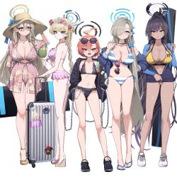 Rule 34 | 5girls, absurdres, ahoge, akane (blue archive), alternate costume, alternate hairstyle, antenna hair, ass, asuna (blue archive), asymmetrical bangs, bag, bare legs, bikini, bikini skirt, black-framed eyewear, black bikini, black choker, black footwear, black hair, blonde hair, blue archive, blue bikini, blue eyes, blue jacket, blue nails, blue ribbon, blush, braid, braided ponytail, breasts, chain, choker, cleaning &amp; clearing (blue archive), cleavage, closed mouth, coconut cup, collarbone, commentary request, crocs, dark-skinned female, dark skin, dress, drinking straw, earrings, expressionless, eyewear on head, feet, flip-flops, flower, frilled bikini, frills, full body, glasses, grey hair, hair between eyes, hair ornament, hair over one eye, hair ribbon, hair scrunchie, halo, hand on own hip, hand up, hands in pockets, hat, head wreath, high ponytail, highres, holding, holding bag, huge ahoge, jacket, jewelry, karin (blue archive), large breasts, legs, light brown hair, long hair, long sleeves, looking at viewer, looking to the side, medium breasts, midriff, mole, mole under eye, multiple girls, nail polish, navel, neru (blue archive), neru (swimsuit) (blue archive), off shoulder, open clothes, open jacket, open mouth, orange hair, parted bangs, partially unzipped, pink bikini, pink dress, pink flower, pizzasi, ponytail, red eyes, red flower, ribbon, sandals, scrunchie, shadow, shiny skin, shoes, side-tie bikini bottom, sidelocks, simple background, single braid, small breasts, smile, sneakers, standing, stomach, straight hair, straw hat, striped bikini, striped clothes, stud earrings, suitcase, sukajan, sunglasses, sweatdrop, swimsuit, thighs, toenail polish, toenails, toes, toki (blue archive), very long hair, visor cap, white background, white bikini, white flower
