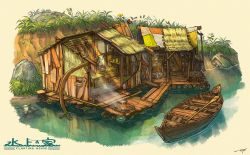Rule 34 | boat, cooking, fantasy, fire, highres, no humans, original, outdoors, poppo sutchy, raft, scenery, stone, thatched roof, water, watercraft