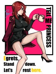 Rule 34 | 1girl, breast hold, breasts, coffee, coffee mug, commentary, cross, cross necklace, cup, hair over one eye, high heels, highres, holding, jacket, jacket on shoulders, jewelry, large breasts, lips, long hair, looking at viewer, mug, necklace, panties, pantyshot, parasoul (skullgirls), pow3776, red hair, sitting, skullgirls, solo, sweater, turtleneck, turtleneck sweater, underwear