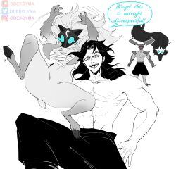Rule 34 | 1girl, 2boys, abs, arms up, body fur, carrying, carrying person, demon boy, demon horns, english text, furry, furry female, highres, hooves, horns, kayn (league of legends), kindred (league of legends), lamb (league of legends), league of legends, long hair, mask, multiple boys, navel, odeko yma, pants, rhaast, shoulder plates, smile, speech bubble, topless, wolf (league of legends)