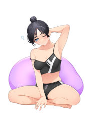 Rule 34 | animification, apex legends, arm behind head, barefoot, bean bag chair, black hair, black shorts, breasts, bubble, cleavage, gym shorts, hair behind ear, hair bun, highres, leaning to the side, medium breasts, midriff, navel, one eye closed, parted bangs, pinku pansaa, shorts, waking up, white background, wraith (apex legends)