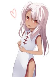 Rule 34 | 1girl, :d, absurdres, bare arms, blush, brown eyes, china dress, chinese clothes, chloe von einzbern, commentary request, dark-skinned female, dark skin, dress, fate/kaleid liner prisma illya, fate (series), hair between eyes, heart, highres, long hair, looking at viewer, natsu (sinker8c), one side up, open mouth, pelvic curtain, silver hair, simple background, sleeveless, sleeveless dress, smile, solo, white background, white dress
