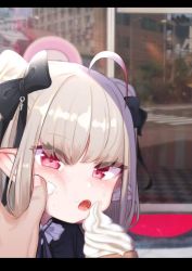Rule 34 | 1boy, 1girl, ahoge, black bow, black dress, blush, bow, dress, food, food on face, grey hair, hair bow, ice cream cone, letterboxed, looking at viewer, makaino ririmu, nijisanji, open mouth, outdoors, photo background, pink eyes, pointy ears, pov, pov hands, reflection, twintails, utsusumi kio, virtual youtuber, wiping face