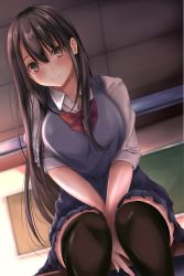 Rule 34 | 1girl, arms between legs, black hair, black thighhighs, blue cardigan, blue skirt, blush, breasts, brown eyes, cardigan, cardigan vest, ceiling, chalkboard, classroom, closed mouth, collared shirt, desk, evening, feet out of frame, funky45, highres, large breasts, long hair, looking at viewer, on desk, original, pleated skirt, school uniform, shirt, sidelocks, sitting, on desk, skirt, sleeves rolled up, smile, thighhighs, white shirt, zettai ryouiki