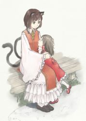 Rule 34 | 2girls, aged down, aged up, alternate costume, chen, child, earrings, female focus, hakurei reimu, hand on another&#039;s head, jewelry, kitano (kitanosnowwhite), mary janes, multiple girls, multiple tails, no headwear, original, pantyhose, shoes, single earring, sitting, tabard, tail, touhou, two tails, white legwear