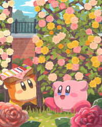 Rule 34 | blush stickers, brick wall, colorful, day, fence, flower, garden, grass, highres, kirby, kirby&#039;s dream land, kirby (series), looking at another, miclot, nature, nintendo, no humans, orange flower, outdoors, pink flower, rose, waddle dee, yellow flower