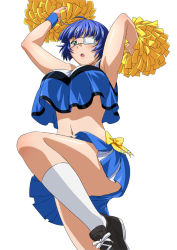 Rule 34 | 00s, 1girl, :o, arms up, blonde hair, breasts, cheerleader, crop top, crop top overhang, eyepatch, green eyes, ikkitousen, large breasts, leg lift, medical eyepatch, midriff, mole, mole under mouth, navel, pom pom (cheerleading), ryomou shimei, shoes, short hair, skirt, sneakers, solo, white legwear, wristband