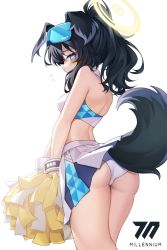 Rule 34 | 1girl, animal ears, ass, bare arms, bare shoulders, black hair, blue archive, blue eyes, cheerleader, clothes lift, dog ears, dog tail, from side, hibiki (blue archive), hibiki (cheer squad) (blue archive), highres, lifted by tail, millennium cheerleader outfit (blue archive), panties, pom pom (cheerleading), pong (vndn124), simple background, skirt, skirt lift, tail, underwear, white background, white panties