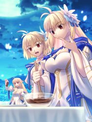 Rule 34 | 3girls, archetype earth, arcueid brunestud, bare shoulders, blonde hair, blue gloves, blue skirt, breasts, chocolate, cleavage, detached collar, detached sleeves, dress, fate/grand order, fate (series), flower, full moon, gloves, hair flower, hair ornament, highres, large breasts, layered skirt, long hair, long skirt, mixing bowl, moon, multicolored clothes, multicolored skirt, multiple girls, multiple persona, night, night sky, open mouth, red eyes, shoori (migiha), short hair, skirt, sky, smile, table, tsukihime, very long hair, white dress, white gloves, white skirt