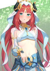 Rule 34 | 1girl, akahi242, aqua eyes, blue bow, blue gemstone, blue skirt, blurry, blurry background, bow, breasts, brooch, circlet, clothing cutout, cowboy shot, gem, genshin impact, gold trim, harem outfit, highres, horns, jewelry, long hair, long sleeves, looking at viewer, medium breasts, navel, neck ring, nilou (genshin impact), parted bangs, parted lips, puffy long sleeves, puffy sleeves, red hair, shrug (clothing), skirt, solo, stomach, twintails, veil