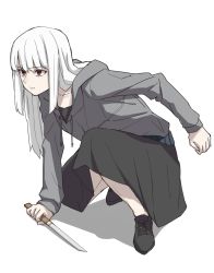 Rule 34 | 1girl, brown eyes, dagger, holding, holding dagger, holding knife, holding weapon, hood, hoodie, knife, long hair, michihasu, on one knee, original, solo, weapon, white background, white hair