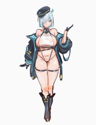 Rule 34 | 1girl, absurdres, bare shoulders, blue eyes, boots, breasts, hat, highres, looking at viewer, short hair, solo, starcat, thigh strap, thighs