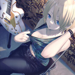 Rule 34 | 1girl, bare arms, bare shoulders, black pants, blonde hair, blue eyes, bracelet, breasts, chair, cleavage, clothes pull, collarbone, crossed legs, denim, electric guitar, folding chair, green shirt, guitar, highres, hououji akane, indoors, instrument, jeans, jewelry, looking at viewer, megami no kafeterasu, navel, official art, on chair, pants, parted lips, print shirt, pulling own clothes, seo kouji, shirt, shirt pull, short hair, sitting, small breasts, solo, writing on wall