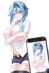 Rule 34 | 1girl, 1other, absurdres, alternate costume, arms under breasts, black choker, black hairband, black panties, black shorts, black thighhighs, blue hair, blush, breasts, cellphone, choker, collared shirt, cowboy shot, crossed arms, eula (genshin impact), genshin impact, hair ornament, hairband, highres, large breasts, looking at viewer, medium hair, midriff, navel, noa (noa01010), open clothes, open shorts, panties, parted lips, partially unbuttoned, phone, shirt, shirt tucked in, short shorts, shorts, simple background, smartphone, solo focus, sweatdrop, taking picture, thighhighs, underwear, white background, white shirt, yellow eyes