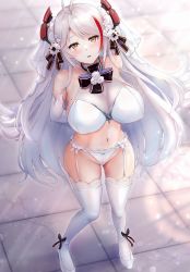 Rule 34 | 1girl, ahoge, arms behind back, azur lane, bare shoulders, bloom, blush, breasts, bridal veil, cleavage, collarbone, commentary request, cross, dress, elbow gloves, eru graphic, flower, garter belt, garter straps, gloves, halterneck, headgear, highres, iron cross, light particles, light rays, lingerie, long hair, looking at viewer, looking up, mole, mole on breast, multicolored hair, navel, open mouth, panties, pov, prinz eugen (azur lane), prinz eugen (symphonic fate) (azur lane), red hair, ribbon, see-through, silver hair, skindentation, solo, streaked hair, swept bangs, thighhighs, tile floor, tiles, underwear, veil, very long hair, wedding dress, wedding lingerie, white footwear, white garter belt, white gloves, white panties, white thighhighs, yellow eyes