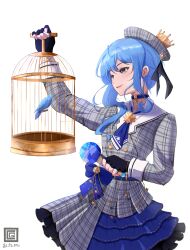 Rule 34 | 1girl, absurdres, animal, arm up, artist logo, beret, bird, birdcage, black gloves, blue bird, blue choker, blue eyes, blue hair, blue necktie, brooch, cage, choker, crown, dated, dress, fingerless gloves, gloves, hat, highres, holding, holding cage, holding microphone, hololive, hoshimachi suisei, hoshimachi suisei (1st costume), jewelry, looking at animal, microphone, mini crown, necktie, onurcan, parted lips, plaid, plaid headwear, plaid shirt, plaid skirt, shirt, short necktie, side ponytail, simple background, skirt, smile, solo, star (symbol), star in eye, striped clothes, striped dress, symbol in eye, vertical-striped clothes, vertical-striped dress, virtual youtuber, white background