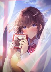 Rule 34 | 1girl, blue sky, blurry, blurry background, blush, box, breasts, brown hair, candy, chocolate, chocolate heart, closed mouth, cloud, collared shirt, commentary request, curtains, damaged, depth of field, dress shirt, floating hair, food, gift, gift box, hair between eyes, hands up, heart, highres, holding, holding gift, indoors, long sleeves, medium breasts, original, purple eyes, school uniform, shiro kuma shake, shirt, sky, solo, sunset, sweat, sweater vest, upper body, valentine, wavy mouth, white shirt