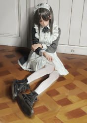 Rule 34 | 1girl, absurdres, apron, black dress, black footwear, boots, brown hair, closed eyes, closed mouth, commentary, cross-laced footwear, dress, english commentary, full body, gishiki (gshk), highres, indoors, lace-up boots, long hair, long sleeves, maid, maid headdress, original, sitting, sleeping, solo, thighhighs, white apron, white thighhighs