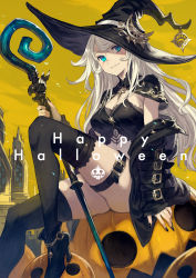 Rule 34 | 1girl, absurdres, blue eyes, building, capelet, halloween, hat, high heels, highres, holding, holding staff, jack-o&#039;-lantern, kusano shinta, long hair, looking at viewer, nail polish, off-shoulder jacket, off shoulder, original, sitting, smile, solo, staff, swept bangs, thigh strap, thighhighs, white hair, witch hat, yellow background