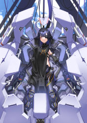 Rule 34 | 1girl, absurdres, black dress, black hair, breasts, brown eyes, cloud, cloudy sky, cockpit, commentary request, commission, dress, eyepatch, facial mark, girls&#039; frontline, hair between eyes, headgear, highres, long hair, looking at viewer, mecha, mechanical arms, mechanical legs, nyto (girls&#039; frontline), adeline (girls&#039; frontline), paradeus, ringobatake, robot, sitting, skeb commission, sky, small breasts, solo