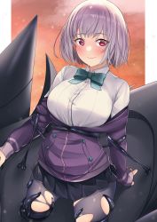 Rule 34 | 1girl, absurdres, aqua bow, aqua bowtie, arm support, azur lane, black skirt, blush, bow, bowtie, breasts, closed mouth, collared shirt, commentary, dusk, full body, gridman universe, hair between eyes, highres, jacket, large breasts, liquid, long sleeves, looking at viewer, miniskirt, mr2d, off shoulder, pantyhose, pleated skirt, purple hair, purple jacket, purple pantyhose, red eyes, school uniform, shinjou akane, shirt, short hair, sidelocks, skirt, smile, solo, ssss.gridman, tentacles, torn clothes, torn pantyhose, white background, white shirt