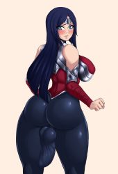 Rule 34 | 1futa, absurdres, ass, ass focus, bare shoulders, blue eyes, blue hair, blush, breasts, bulge, erection, erection under clothes, futanari, highres, huge ass, huge penis, irelia, large breasts, league of legends, long hair, looking at viewer, looking back, penis, solo, thick thighs, thighs, tucked penis, vicsenpai