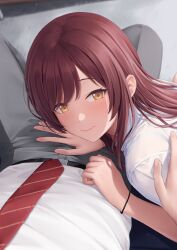 Rule 34 | 1boy, 1girl, blush, brown hair, comiket 102, grey pants, hand on another&#039;s crotch, hetero, highres, idolmaster, idolmaster shiny colors, indoors, looking at viewer, looking to the side, mikazuchi zeus, necktie, osaki amana, pants, pov, pov hands, red necktie, shirt, sitting, smile, white shirt, yellow eyes