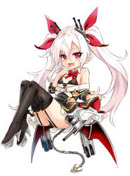 Rule 34 | 1girl, anchor, azur lane, bare shoulders, bikini, bikini top only, black bikini, black thighhighs, bow, breasts, chain, clothes lift, fang, finger to mouth, garter straps, hair bow, hair ornament, long hair, looking at viewer, machinery, open mouth, red eyes, skirt, skirt lift, slit pupils, small breasts, solo, swimsuit, thighhighs, torpedo tubes, turret, twintails, unname, vampire (azur lane), white hair