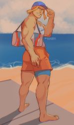 Rule 34 | 1boy, all might, artist name, ass, bag, barefoot, baseball cap, beach, biceps, blonde hair, blue eyes, blue hat, boku no hero academia, chromatic aberration, cloud, cloudy sky, from behind, full body, hat, highres, long hair, looking at viewer, looking back, male focus, male swimwear, male underwear, mature male, muscular, muscular male, ocean, orange male swimwear, orange swim trunks, pectorals, sand, shorts, sky, smile, solo, spiked hair, stormcallart, swim trunks, swimsuit, tank top, teeth, thick arms, thick eyebrows, thick thighs, thighs, twitter username, underwear