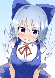 Rule 34 | 1girl, bad id, bad twitter id, blue eyes, blue hair, blush, bow, breasts, cirno, hair bow, highres, ice, ice wings, matching hair/eyes, medium breasts, open mouth, solo, sweat, takimoto yukari, touhou, wavy mouth, wings