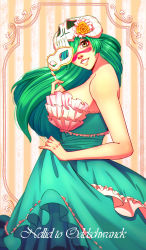 Rule 34 | 1girl, absurdres, aqua dress, bleach, breasts, character name, dress, facial mark, green hair, grey eyes, hair over one eye, highres, holding, holding mask, large breasts, long hair, looking at viewer, looking to the side, mask, nelliel tu odelschwanck, skull on head, sleeveless, sleeveless dress, smile, solo, strapless, strapless dress, tsukizawr, very long hair