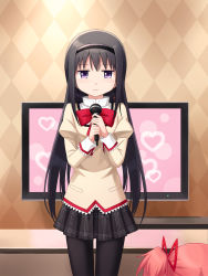 Rule 34 | 10s, 2girls, akemi homura, argyle, argyle background, argyle clothes, black hair, black hairband, black pantyhose, blush, bow, bowtie, cowboy shot, earrings, hairband, heart, highres, holding, holding microphone, indoors, jewelry, kaname madoka, karaoke, long hair, long sleeves, looking at viewer, mahou shoujo madoka magica, mahou shoujo madoka magica: hangyaku no monogatari, microphone, multiple girls, pantyhose, pink hair, plaid, plaid skirt, pleated skirt, purple eyes, red bow, red bowtie, school uniform, single earring, skirt, smile, solo focus, standing, tears, television, tucana, twintails