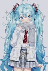 Rule 34 | 1girl, absurdres, ahoge, alternate costume, aqua hair, blue eyes, blush, breath, coat, collared shirt, cowboy shot, fuinagi (huyuu mm), grey background, grey scarf, grey skirt, hair between eyes, hatsune miku, headgear, highres, long hair, long sleeves, looking at viewer, messy hair, miniskirt, necktie, open mouth, plaid, plaid skirt, pleated skirt, project sekai, red necktie, scarf, school uniform, shirt, simple background, skirt, solo, triangle mouth, twintails, twitter username, very long hair, vocaloid, white coat, white shirt