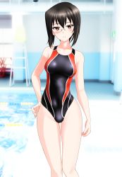 Rule 34 | 1girl, absurdres, black hair, black one-piece swimsuit, blurry, bob cut, brown eyes, commentary request, competition swimsuit, cowboy shot, depth of field, girls und panzer, highres, huge filesize, kawashima momo, lane line, lifeguard chair, looking at viewer, multicolored clothes, multicolored swimsuit, one-piece swimsuit, pool, poolside, short hair, solo, swimsuit, takafumi